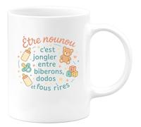 quotedazur - Mug Être nounou c'est jongler entre biberons, dodos et fous rires - Tasse Cadeau Nounou Femme - Blanc/Céramique
