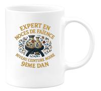 quotedazur - Mug expert en noces de faïence niveau ceinture noire 9ème dan - Tasse Cadeau Noces de Faïence Homme - Blanc/Céramique