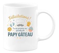 quotedazur - Mug Félicitations ! Tu es promu au grade de papy gâteau - Tasse Cadeau Annonce Grossesse Naissance Papy Homme - Blanc/Céramique