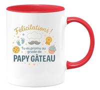 quotedazur - Mug Félicitations ! Tu es promu au grade de papy gâteau - Tasse Cadeau Annonce Grossesse Naissance Papy Homme - Rouge/Céramique