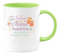 quotedazur - Mug Future Mamie moderne - WhatsApp et compotes maison - Tasse Cadeau Annonce Grossesse Naissance Mamie Femme - Vert/Céramique