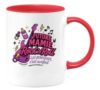 quotedazur - Mug Future Mamie Rock'n'Roll - Les berceuses, c'est surfait - Tasse Cadeau Annonce Grossesse Naissance Mamie Femme - Rouge/Céramique