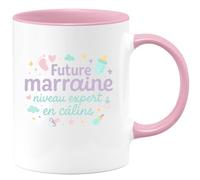 quotedazur - Mug Future marraine niveau expert en câlins - Tasse Cadeau Baptême Demande Future Marraine Femme - Rose/Céramique