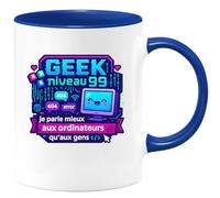quotedazur - Mug Geek niveau 99 : je parle mieux aux ordinateurs qu'aux gens - Tasse Cadeau Humour Homme - Bleu/Céramique