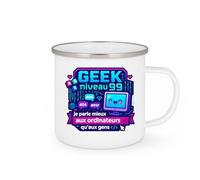 quotedazur - Mug Geek niveau 99 : je parle mieux aux ordinateurs qu'aux gens - Tasse Cadeau Humour Homme - Blanc/Emaillé