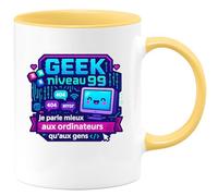 quotedazur - Mug Geek niveau 99 : je parle mieux aux ordinateurs qu'aux gens - Tasse Cadeau Humour Homme - Jaune/Céramique