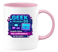 quotedazur - Mug Geek niveau 99 : je parle mieux aux ordinateurs qu'aux gens - Tasse Cadeau Humour Homme - Rose/Céramique