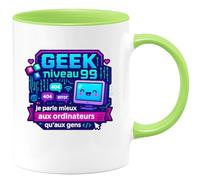 quotedazur - Mug Geek niveau 99 : je parle mieux aux ordinateurs qu'aux gens - Tasse Cadeau Humour Homme - Vert/Céramique