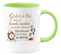 quotedazur - Mug Grâce à toi, même le lundi matin avait du charme. Maintenant on est dans la merde - Tasse Cadeau Collègue Femme - Vert/Céramique