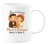 quotedazur - Mug Humour 3 Ans De Mariage - Noces De Froment - Cadeau Personnalisé Nom 1 & Nom 2 - Cadeau Personnalisé Tasse Mariage Original Et Élégant Pour Célébrer L’amour