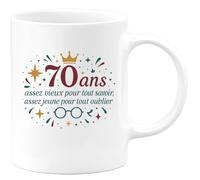 quotedazur - Mug Humour 70 ans : assez vieux pour tout savoir, assez jeune pour tout oublier - Cadeau 70 ans Femme