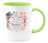 quotedazur - Mug Humour Chéri, on a traversé des tempêtes mais notre amour est plus fort que tout - Cadeau Amour, Saint-Valentin, Couple Homme