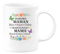 quotedazur - Mug Humour D'abord Maman Alice ♡ Adam ♡ Chloé, Maintenant Mamie Anna ♡ Lucas ♡ Louise, Cécile ♡ Paul - Cadeau Parfaite Pour Maman Et Mamie Tasse Personnalisée Élégante