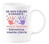 quotedazur - Mug Humour De Nos CœUrs D'enfants : Merci Maman, Bienvenue Mamie Chérie - Tasse Fête Des Grand-Mères, Annonce Grossesse, Cadeau Mamie Anniversaire Noël