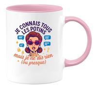 quotedazur - Mug Humour Je Connais Tous Les Potins Mais Ne Dis Rien (Ou Presque) Cadeau Départ Collègue
