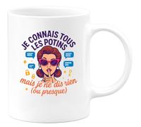 quotedazur - Mug Humour Je Connais Tous Les Potins Mais Ne Dis Rien (Ou Presque) Cadeau Départ Collègue