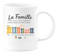 quotedazur - Mug Humour La Famille Vie Commence, Amour Infini Jade, Léa, Louis, Luna, Adam, Alice, Anna, Belle, Léo Cadeau Parfait Tasse Personnalisée Prénoms Unique