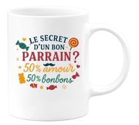 quotedazur - Mug Humour Le secret d'un bon parrain ? 50% amour, 50% bonbons - Cadeau Parrain Homme