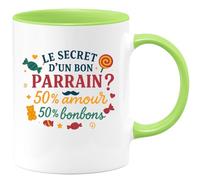 quotedazur - Mug Humour Le secret d'un bon parrain ? 50% amour, 50% bonbons - Cadeau Parrain Homme