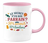 quotedazur - Mug Humour Le secret d'un bon parrain ? 50% amour, 50% bonbons - Cadeau Parrain Homme