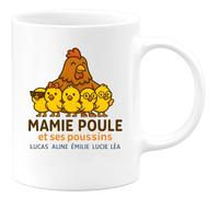 quotedazur - Mug Humour Mamie Poule Avec Ses Poussins Lucas, Aline, Émilie, Lucie Et Léa - Idée Cadeau Tasse Personnalisée Pour Grand-mère Unique Et Tendre