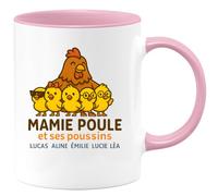 quotedazur - Mug Humour Mamie Poule Avec Ses Poussins Lucas, Aline, Émilie, Lucie Et Léa - Idée Cadeau Tasse Personnalisée Pour Grand-mère Unique Et Tendre