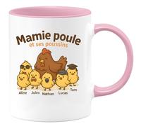 quotedazur - Mug Humour Mamie Poule Et Ses Poussins : Aline, Léa, Jules, Nathan, Inès, Lucas, Camille, Tom - Cadeau Parfait Tasse Personnalisée Pour Mamie Et Ses Petits Poussins