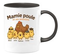 quotedazur - Mug Humour Mamie Poule Et Ses Poussins : Aline, Léa, Jules, Nathan, Inès, Lucas, Camille, Tom - Cadeau Parfait Tasse Personnalisée Pour Mamie Et Ses Petits Poussins