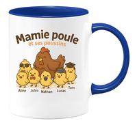 quotedazur - Mug Humour Mamie Poule Et Ses Poussins : Aline, Léa, Jules, Nathan, Inès, Lucas, Camille, Tom - Cadeau Parfait Tasse Personnalisée Pour Mamie Et Ses Petits Poussins