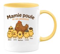quotedazur - Mug Humour Mamie Poule Et Ses Poussins : Aline, Léa, Jules, Nathan, Inès, Lucas, Camille, Tom - Cadeau Parfait Tasse Personnalisée Pour Mamie Et Ses Petits Poussins