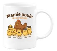 quotedazur - Mug Humour Mamie Poule Et Ses Poussins : Aline, Léa, Jules, Nathan, Inès, Lucas, Camille, Tom - Cadeau Parfait Tasse Personnalisée Pour Mamie Et Ses Petits Poussins