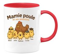 quotedazur - Mug Humour Mamie Poule Et Ses Poussins : Aline, Léa, Jules, Nathan, Inès, Lucas, Camille, Tom - Cadeau Parfait Tasse Personnalisée Pour Mamie Et Ses Petits Poussins