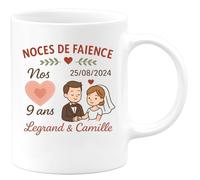 quotedazur - Mug Humour Noces De Faience Nos 9 Ans 25/08/2024 Legrand & Camille - Cadeau Personnalisé Tasse Mariage Pour Couple Heureux