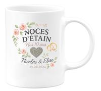 quotedazur - Mug Humour Noces D'étain, 10 Ans, 25/08/2024, Nicolas Élise, Cadeau Anniversaire Idéal Tasse Personnalisée Pour De Mariage