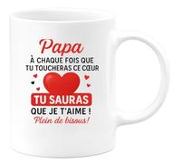 quotedazur - Mug Humour Papa, À Chaque Fois Que Tu Toucheras Ce Coeur, Tu Sauras Que Je T'aime ! Plein De Bisous ! - Cadeau Tasse Amour Pour Papa, Touchant Et Personnalisé