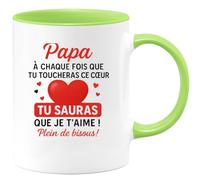 quotedazur - Mug Humour Papa, À Chaque Fois Que Tu Toucheras Ce Coeur, Tu Sauras Que Je T'aime ! Plein De Bisous ! - Cadeau Tasse Amour Pour Papa, Touchant Et Personnalisé