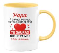 quotedazur - Mug Humour Papa, À Chaque Fois Que Tu Toucheras Ce Coeur, Tu Sauras Que Je T'aime ! Plein De Bisous ! - Cadeau Tasse Amour Pour Papa, Touchant Et Personnalisé