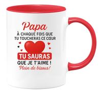 quotedazur - Mug Humour Papa, À Chaque Fois Que Tu Toucheras Ce Coeur, Tu Sauras Que Je T'aime ! Plein De Bisous ! - Cadeau Tasse Amour Pour Papa, Touchant Et Personnalisé