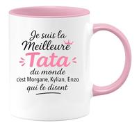 quotedazur - Mug Humour Personnalisé Je Suis La Meilleure Tata Du Monde C'est Morgane Kylian Enzo Qui Le Disent - Rose/Céramique