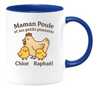 quotedazur - Mug Humour Personnalisé Maman Poule Et Ses Petits Poussins Maman Chloé Raphaël - Bleu/Céramique