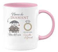 quotedazur - Mug Humour Personnalisé Noces De Diamant Nos 60 Ans 20/08/2024 Camille Et Legrand - Rose/Céramique