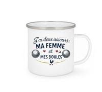 quotedazur - Mug J'ai deux amours : ma femme et mes boules - Tasse Cadeau Pétanque Homme - Blanc/Emaillé