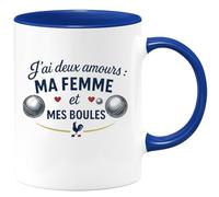 quotedazur - Mug J'ai deux amours : ma femme et mes boules - Tasse Cadeau Pétanque Homme - Bleu/Céramique