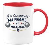 quotedazur - Mug J'ai deux amours : ma femme et mes boules - Tasse Cadeau Pétanque Homme - Rouge/Céramique