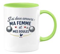 quotedazur - Mug J'ai deux amours : ma femme et mes boules - Tasse Cadeau Pétanque Homme - Vert/Céramique