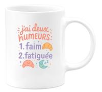 quotedazur - Mug j'ai deux humeurs : 1. faim 2. fatiguée - Tasse Cadeau Humour Femme - Blanc/Céramique