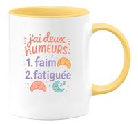 quotedazur - Mug j'ai deux humeurs : 1. faim 2. fatiguée - Tasse Cadeau Humour Femme - Jaune/Céramique