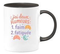quotedazur - Mug j'ai deux humeurs : 1. faim 2. fatiguée - Tasse Cadeau Humour Femme - Noir/Céramique