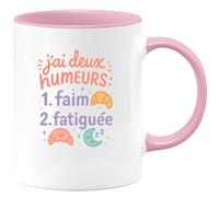 quotedazur - Mug j'ai deux humeurs : 1. faim 2. fatiguée - Tasse Cadeau Humour Femme - Rose/Céramique