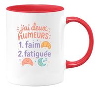 quotedazur - Mug j'ai deux humeurs : 1. faim 2. fatiguée - Tasse Cadeau Humour Femme - Rouge/Céramique